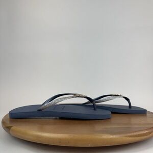 New Womens Havaianas Slim Square Blue Glitter Flip Flops Thong Sandals Size 11 M
